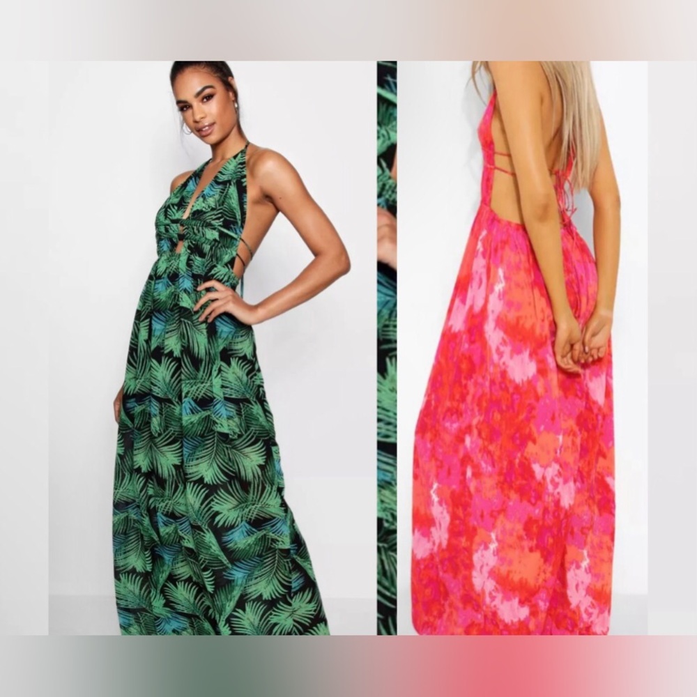 Tropical palm print sexy maxi dress with an open back & adjustable ties. NEW